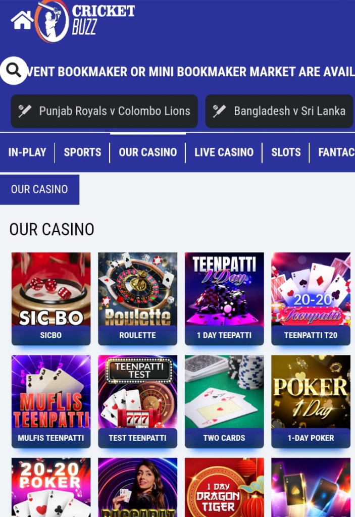 Cricketbuzz casino dashboard